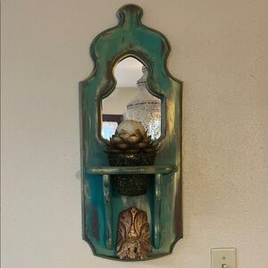 Vintage Wood Plant Wall Mirror Shelfed Bohemian Plant Holder